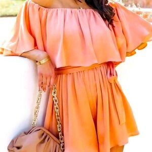 Sunset in Cabo Off the Shoulder Romper in Apricot